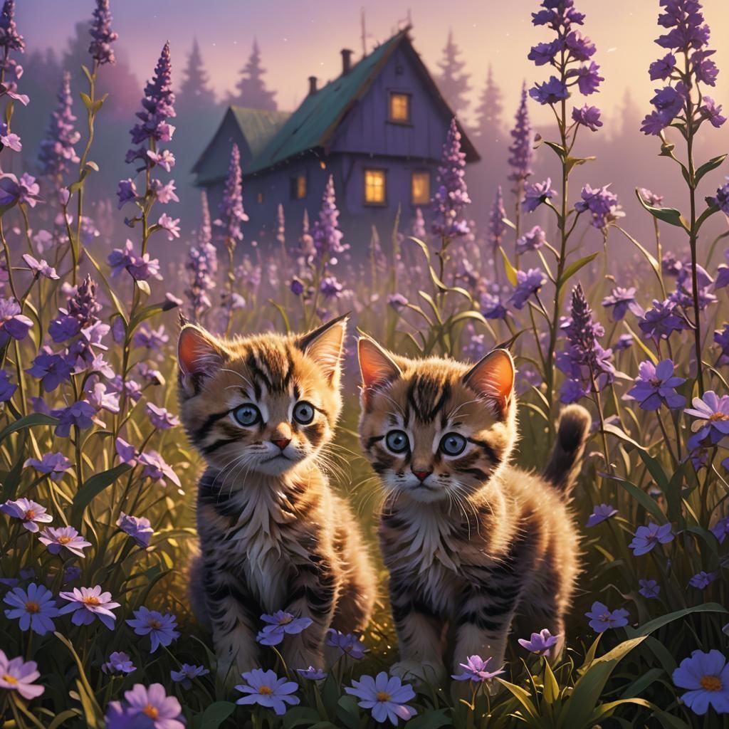Kitten in Purple Flower Field: Surreal Dreamscape