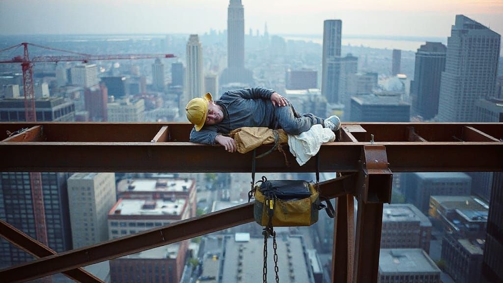 Homeless Figure Rests on High-Rise Construction Girder in Ar...