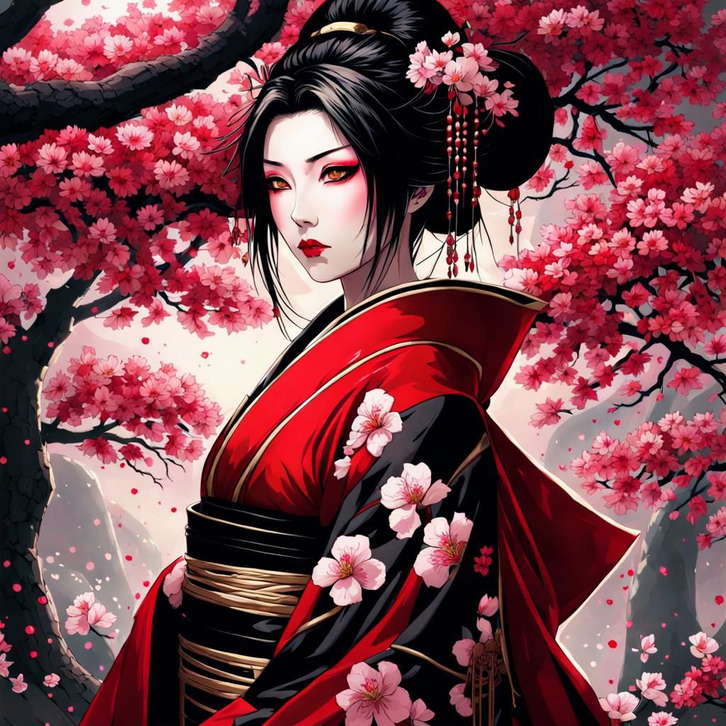 Gothic Geisha in Cherry Blossom Garden