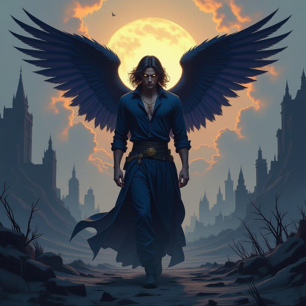 Fallen Angel with Yellow Eyes in Dark Fantasy Landscape