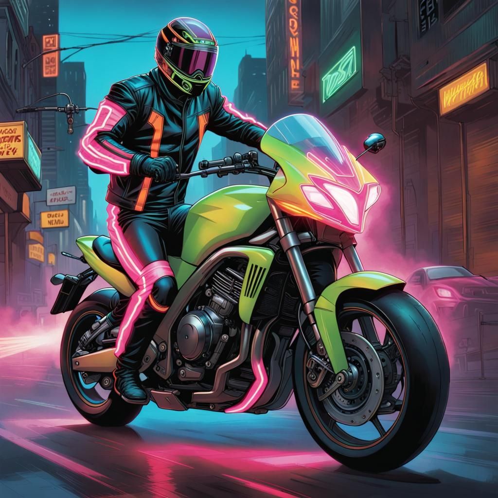 Neon Rider Performing Wheelie in Comic Book Art
