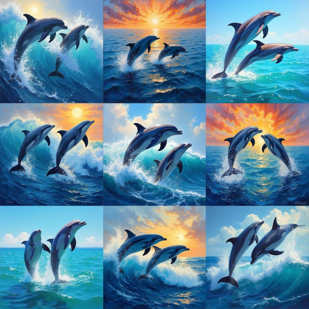 Two Dolphins Leaping in Ocean Waves, Oil Painting