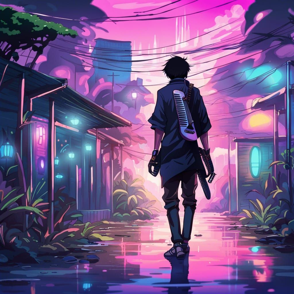 Gothic Man in Futuristic Malay Village, Anime Style