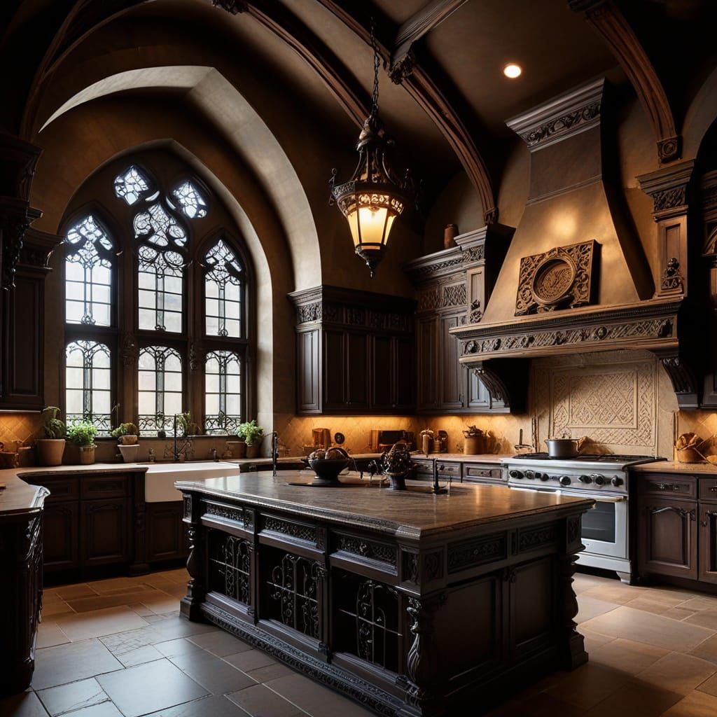Gothic Kitchen: Dark Wood and Stone in Dramatic Lighting