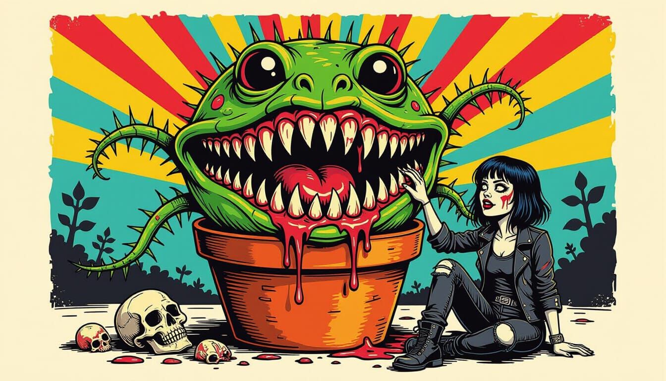 Giant Man-Eating Plant with Goth Botanist in Pop Art Style