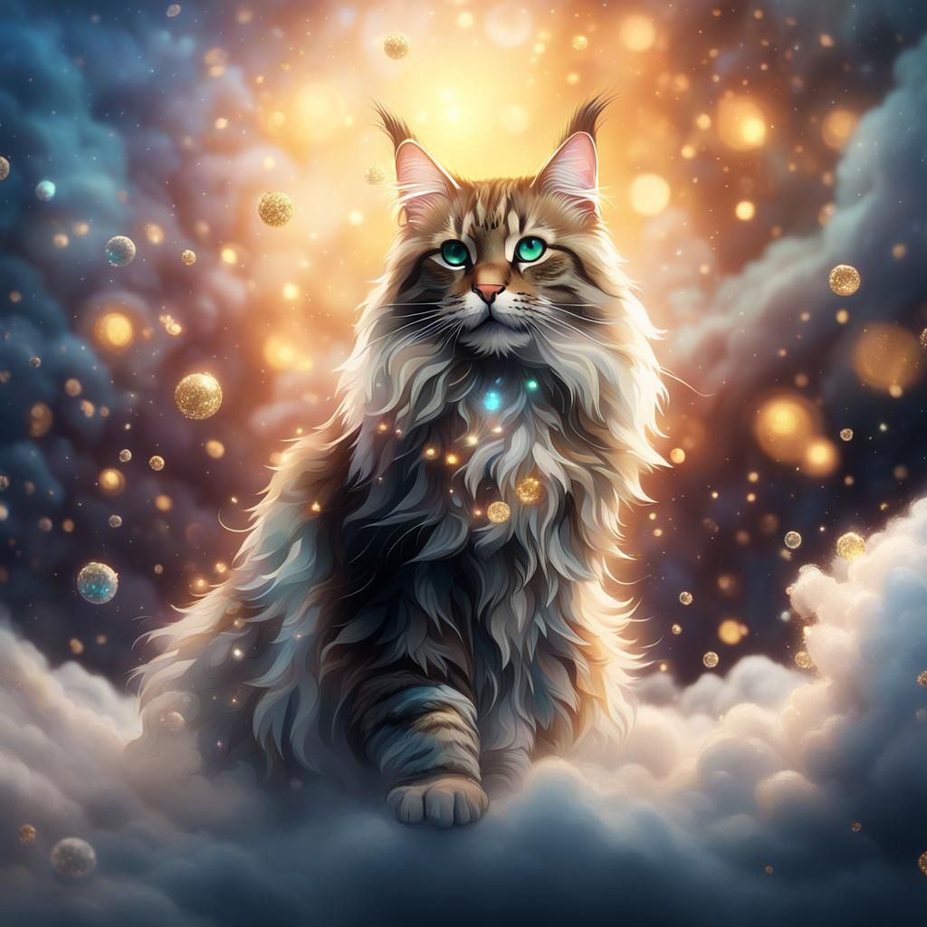 Ethereal Maine Coon Cat on Clouds: Digital Art