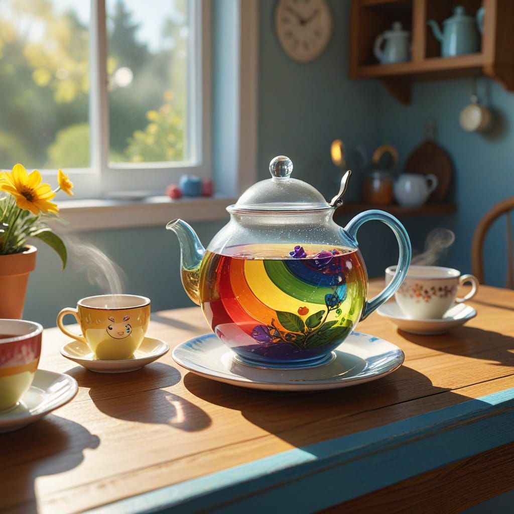 Cheerful Teapot Pours Rainbow Tea in Storybook Style