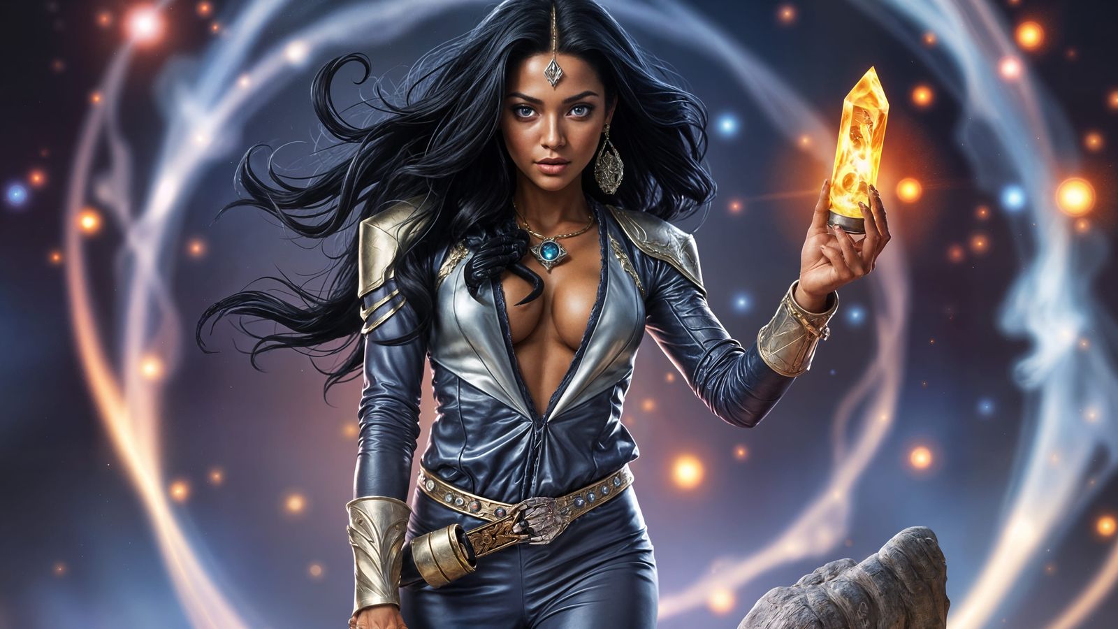 Epic Alien Sorceress Battles Foes in Sci-Fi Space Costume