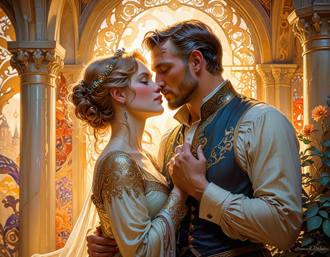 Elegant Art Nouveau Watercolor of Tender Moment