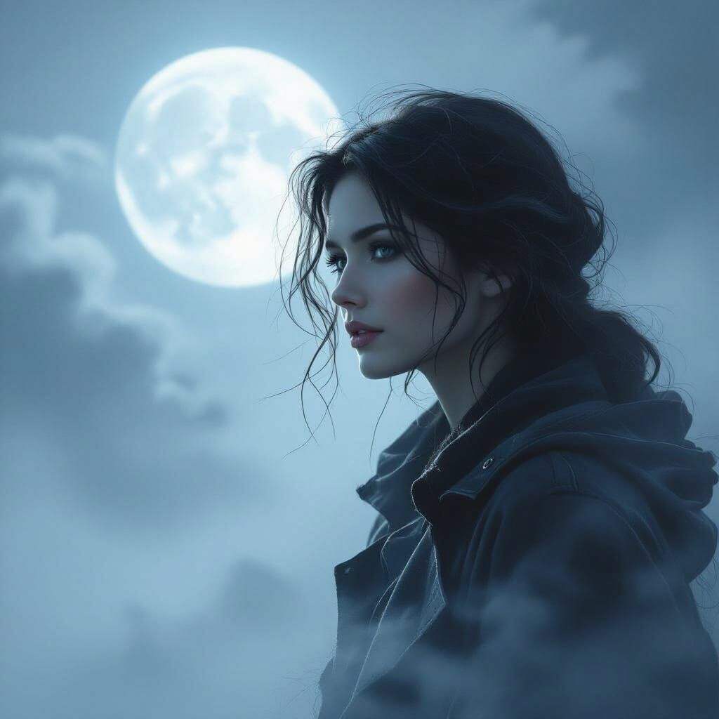 Serene Dreamer in Moonlit Fog Digital Matte Painting