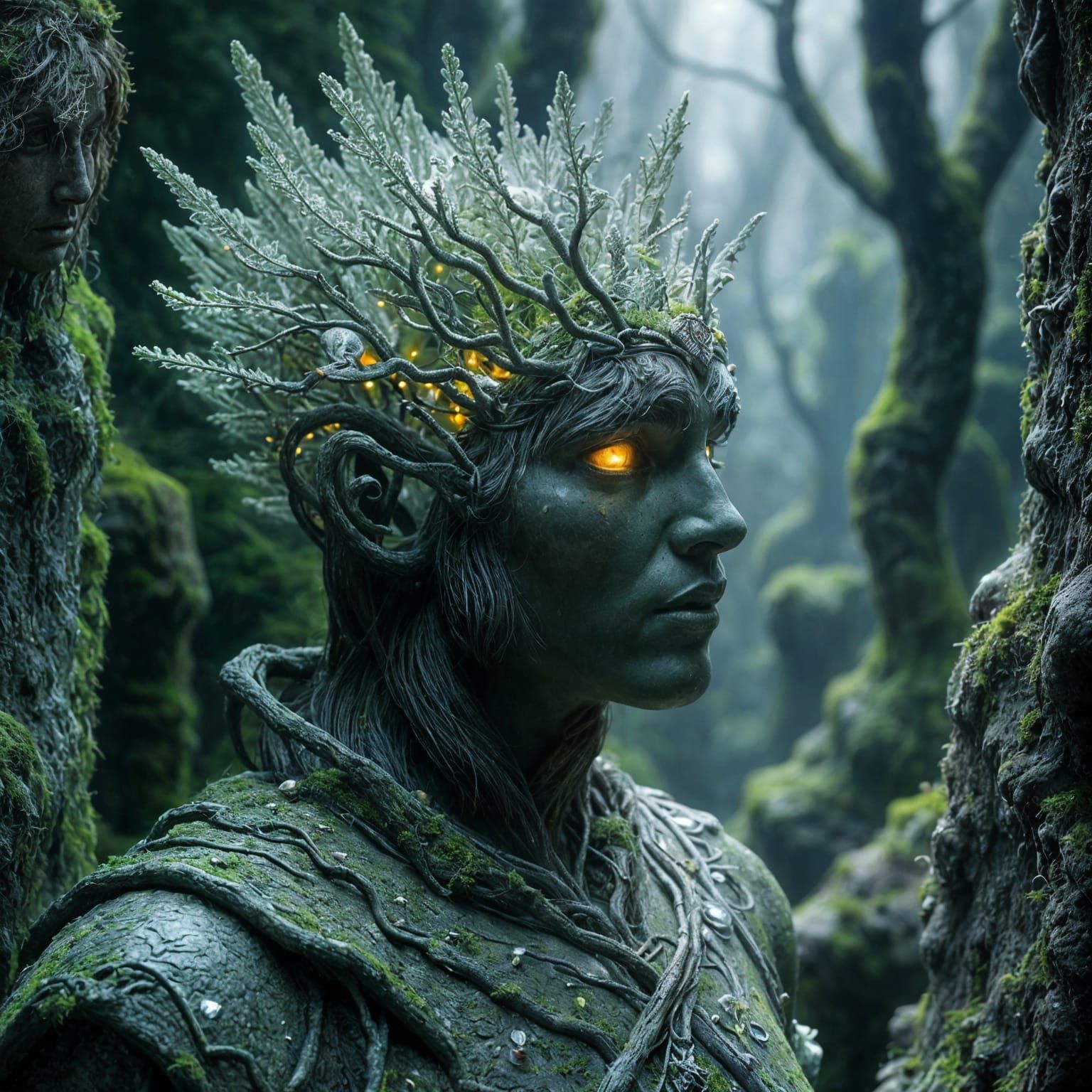 Ancient King Statue Crowned with Glowing Roots