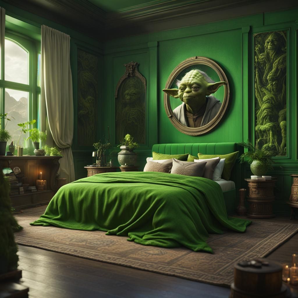 Hyperrealistic Yoda Green Bedroom in Detailed Matte Painting