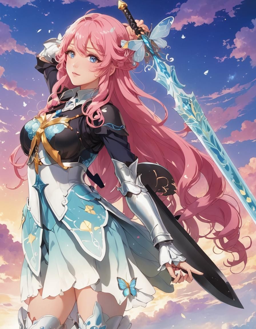 Anime Heroine with Magical Sword in Manga Style