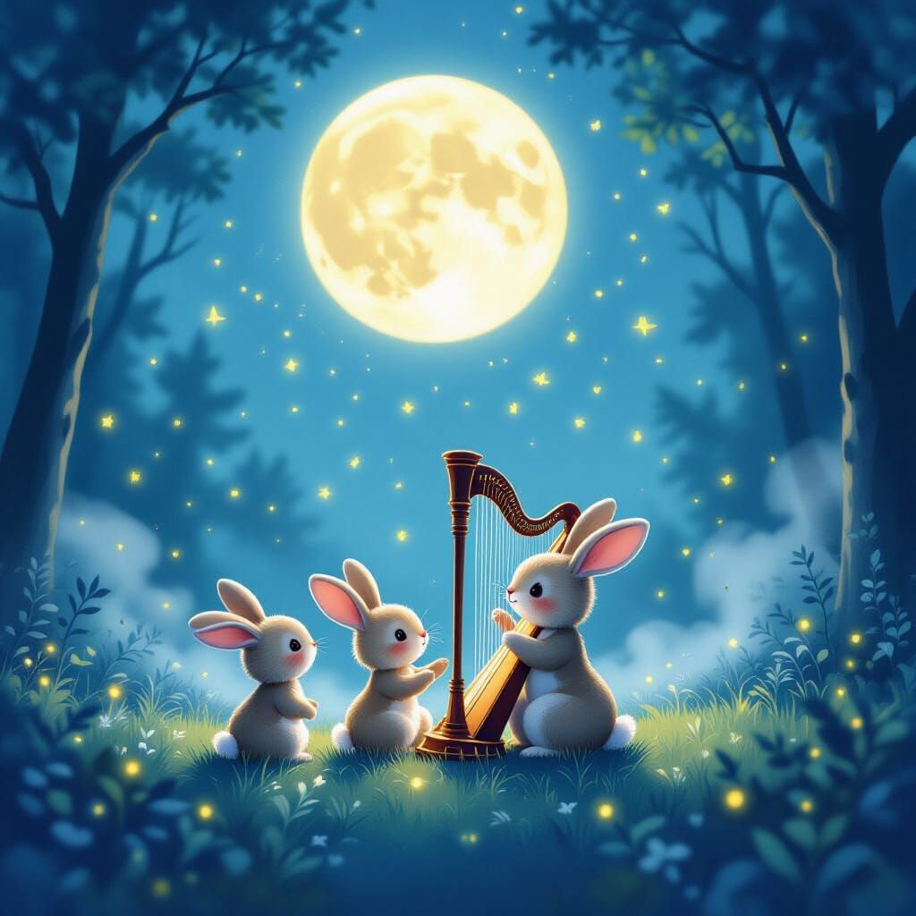 Rabbits Play Harp Under Moonlit Night Sky