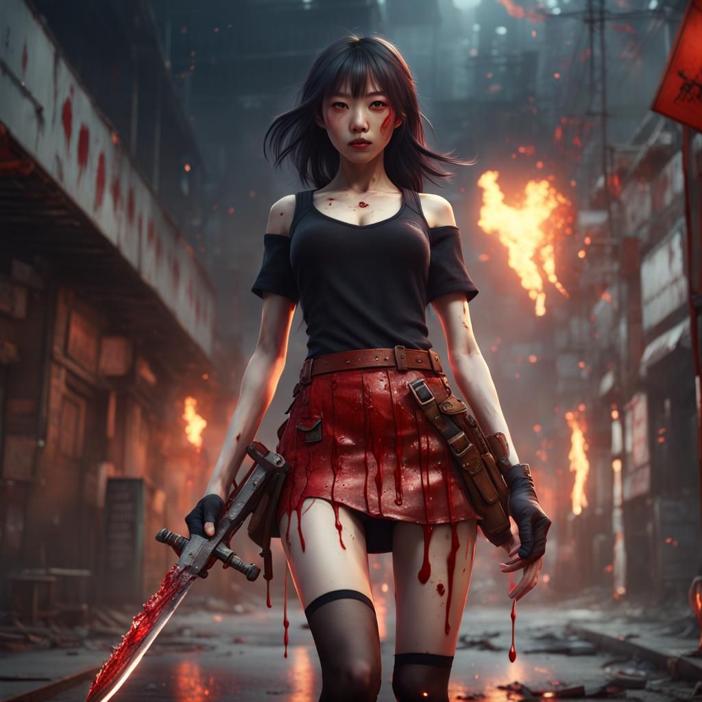 Bloody Korean High School Girl with Knife in Fire