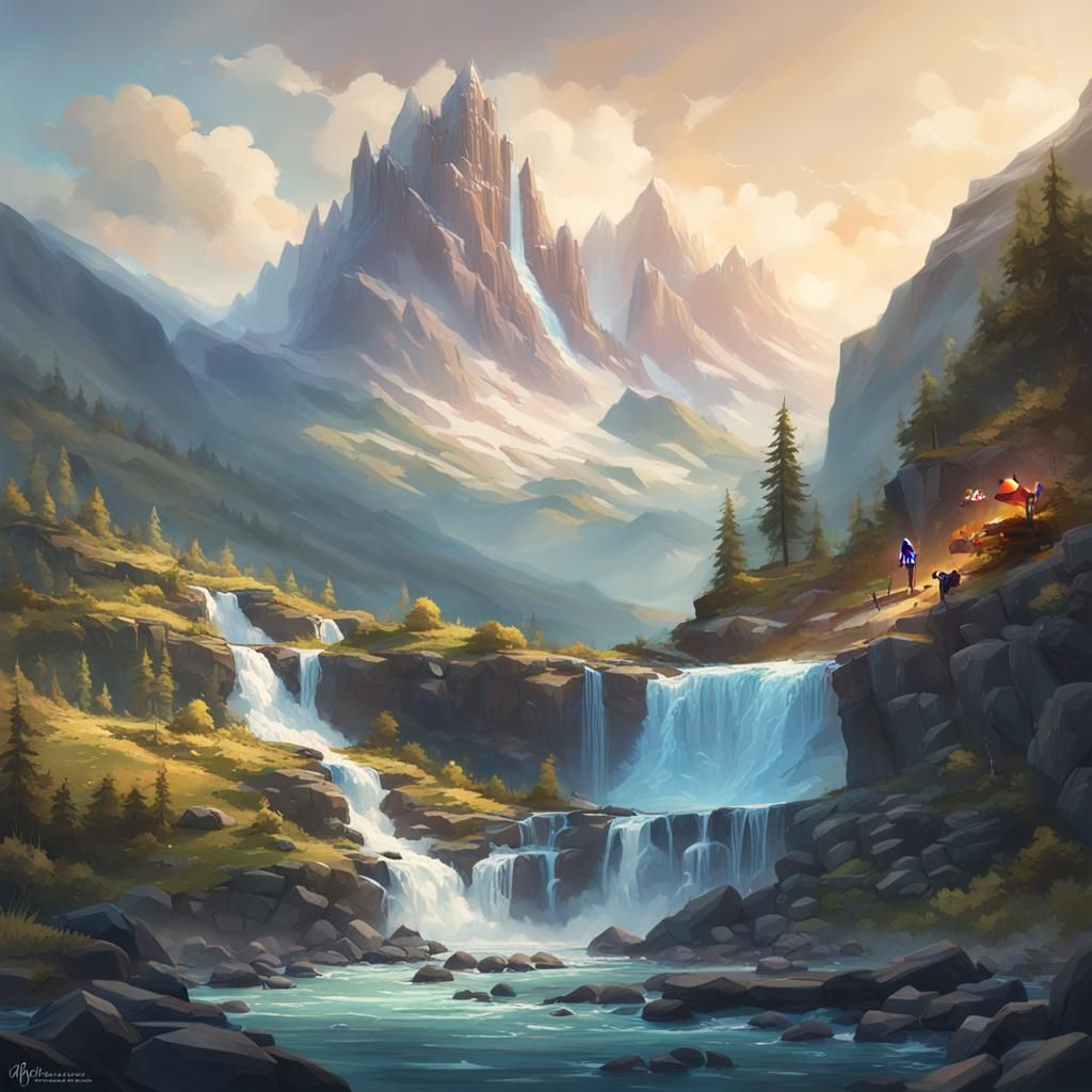 Majestic Waterfall Portrait in Hyperdetailed Style