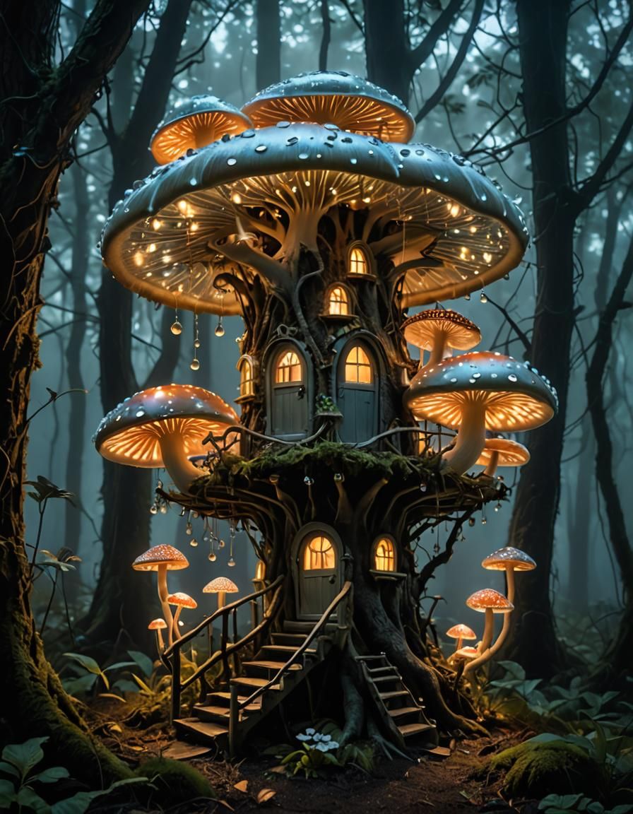 Glowing Mushroom Fairy Treehouse in Luminism Style