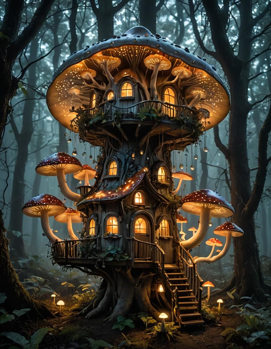 Surreal Glowing Mushroom Fairy Treehouse in Luminism Style