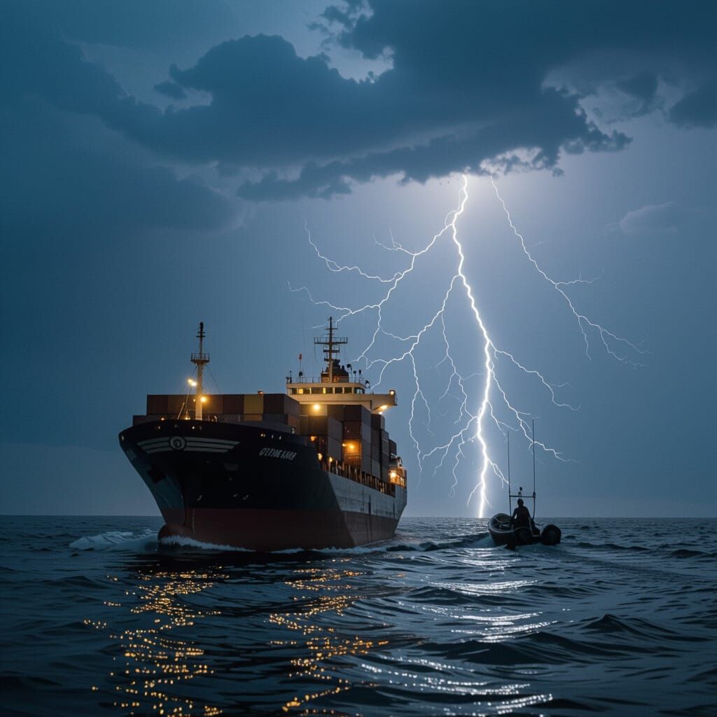 Cinematic Cargo Ship at Sea During Lightning Storm
