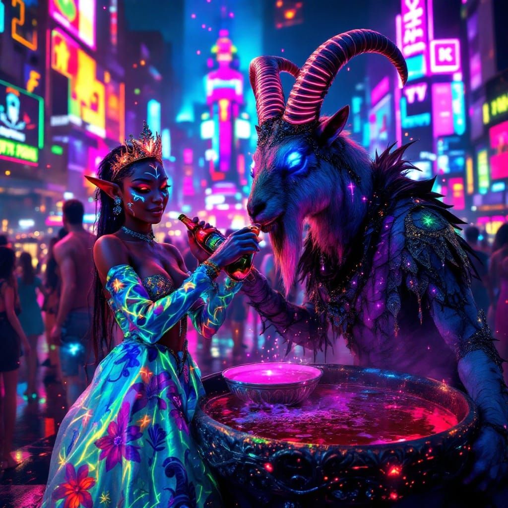 Neon Party Scene with a Goat