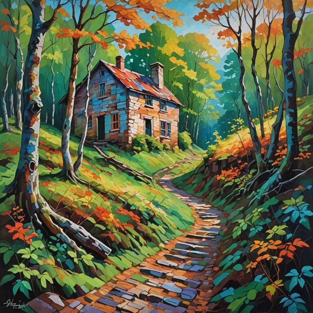 Beech Forest Ruin in Neo-Impressionist Oil Painting