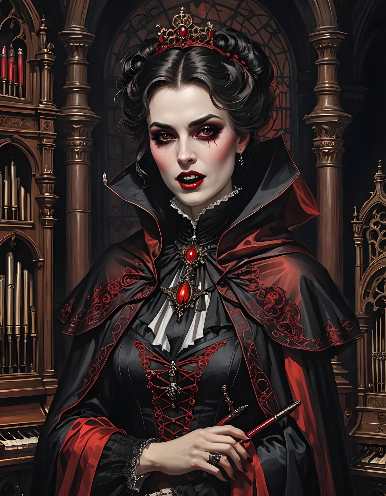 Victorian Vampire Woman Playing Pipe Organ