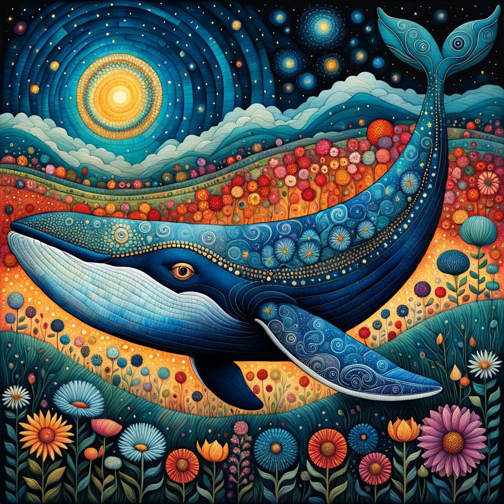 Blue Whale Over Fantasy Flower Field Tapestry Art