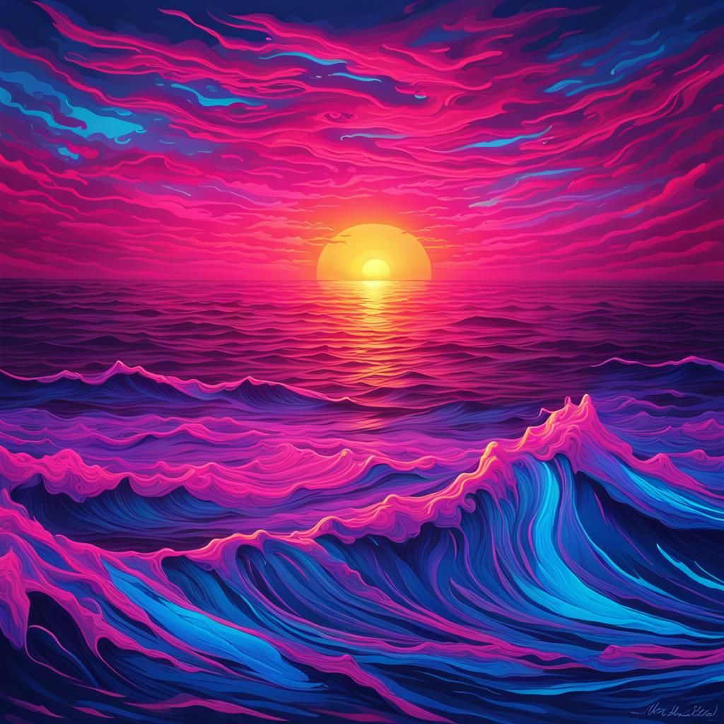 Neon Sunset Over Hyperdetailed Ocean