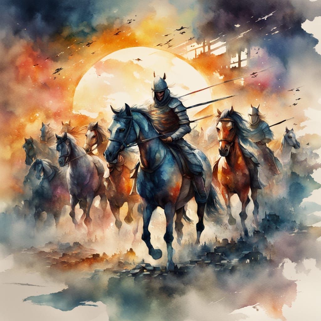 Samurai Warrior and Knightly Horses in Watercolor Style