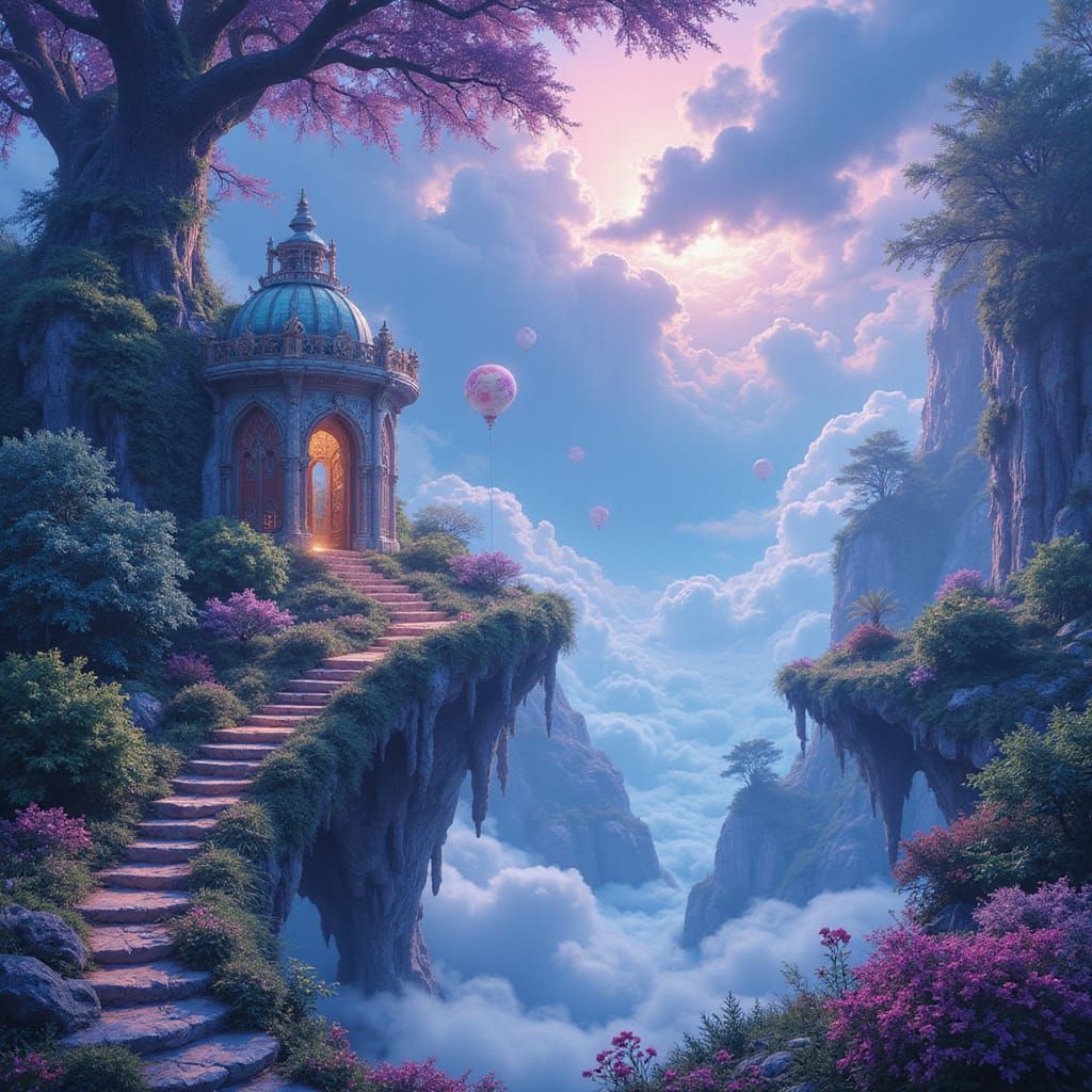 Celestial Dreamscape with Floating Islands and Majestic Bein...