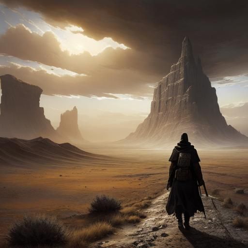 Desolate Wanderer in Surreal Medieval Landscape