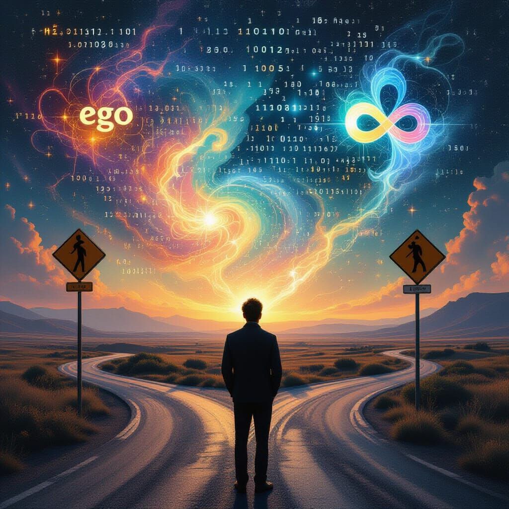 Man Contemplates Existence at Cosmic Crossroads