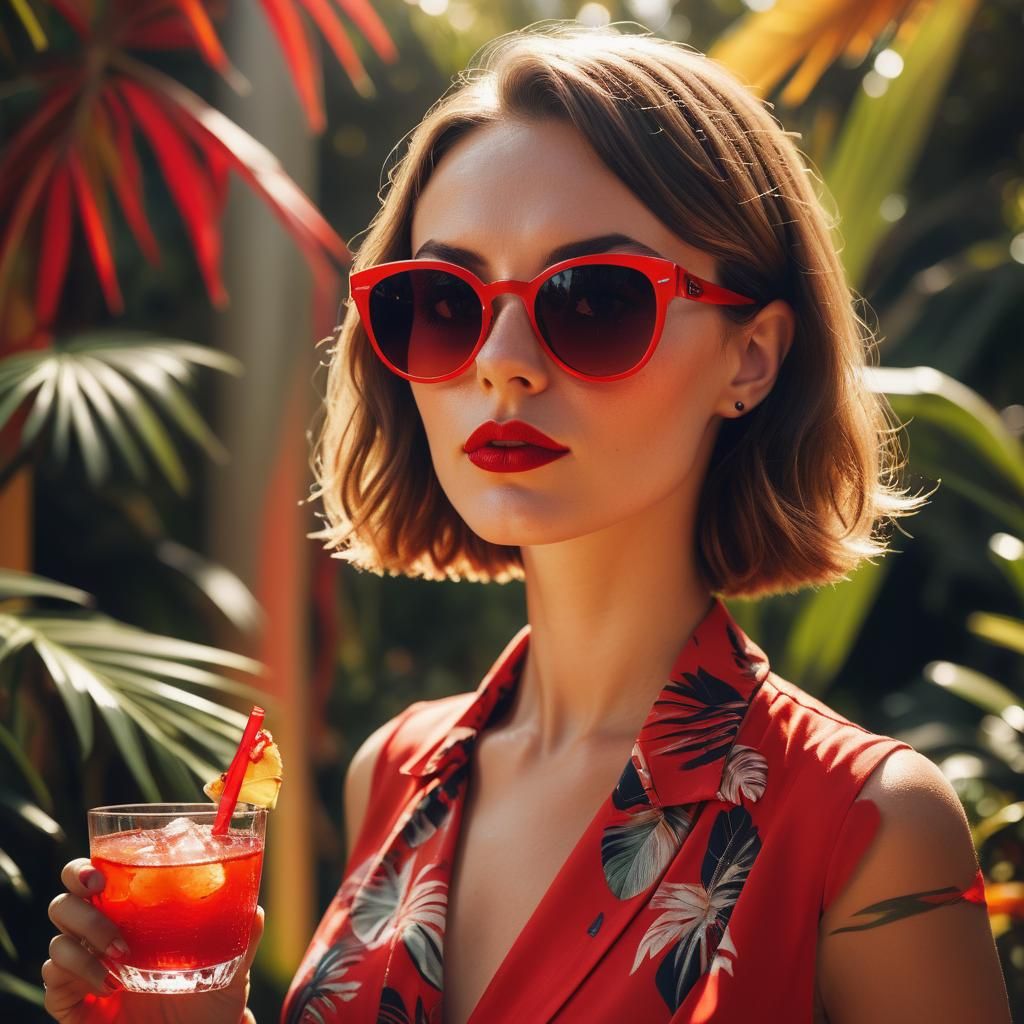 Elegant Woman with Cocktail in Tropical Garden