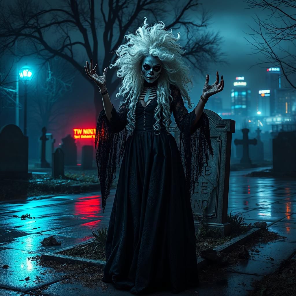 Menacing Voodoo priestess with long curly white hair and ske...