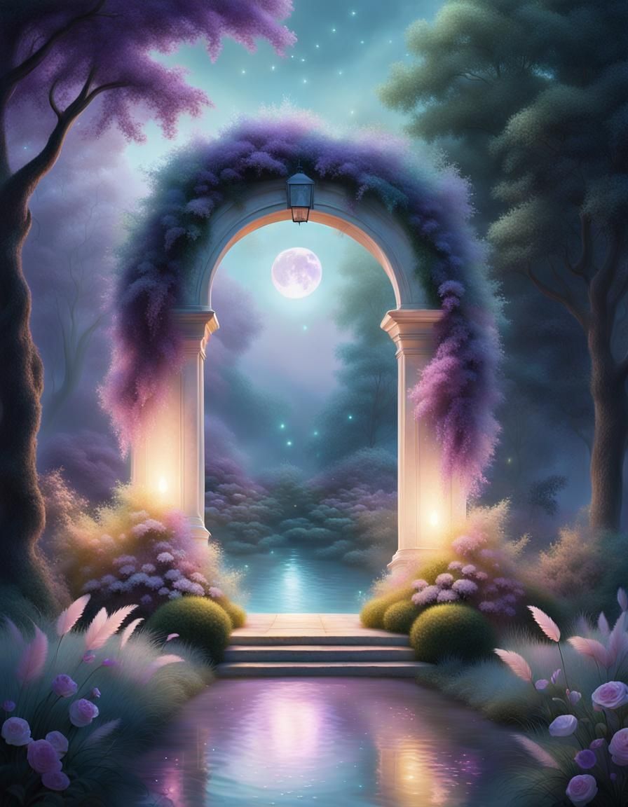 Ethereal Portal in Moonlit Garden: Surrealist Dreamscape