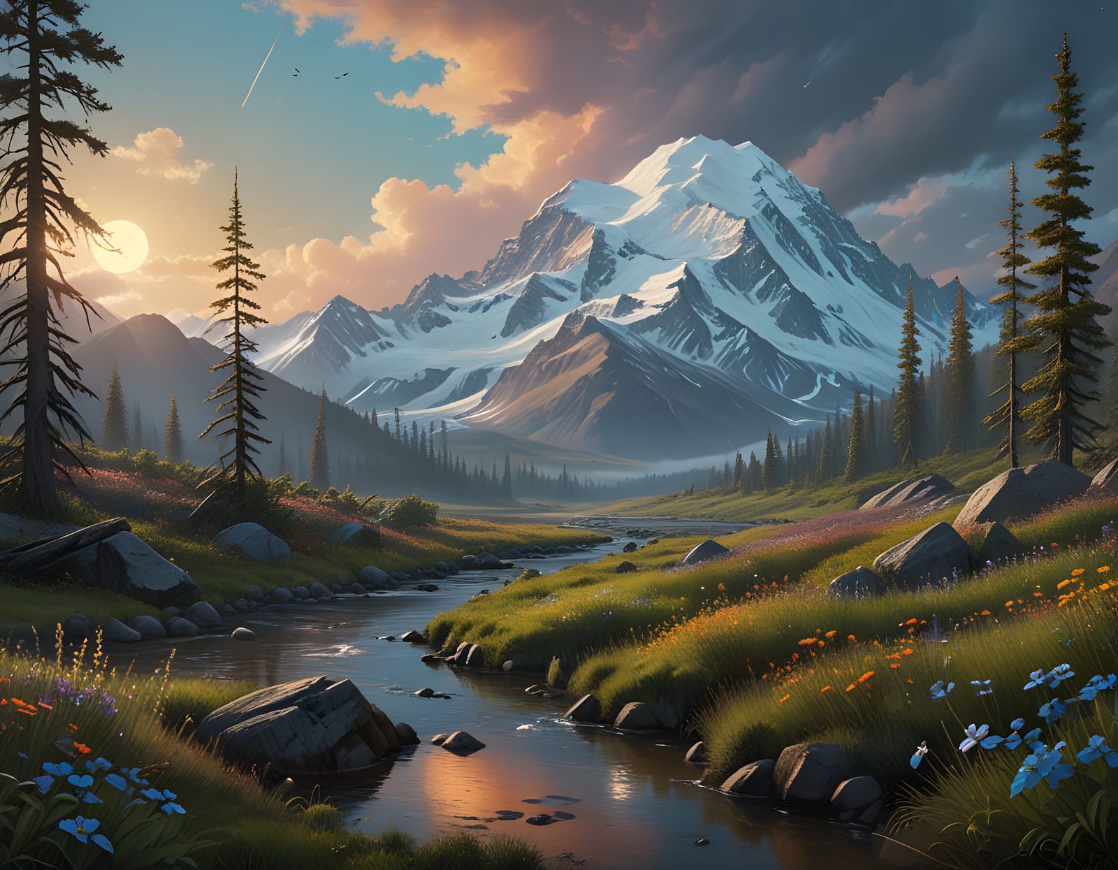 Majestic Elaborate Oil Painting of Mount Denali at Dawn