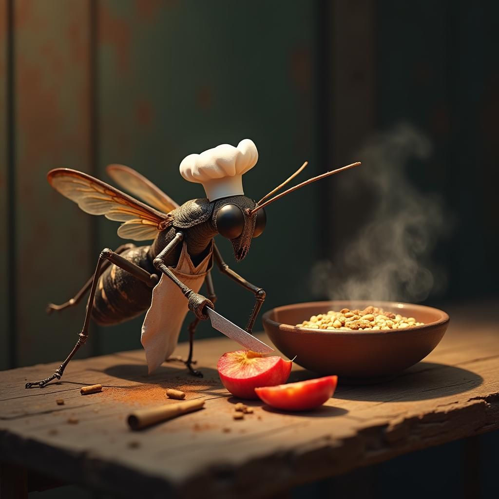 Mosquito Chef Slices Apple, Fantasy Concept Art