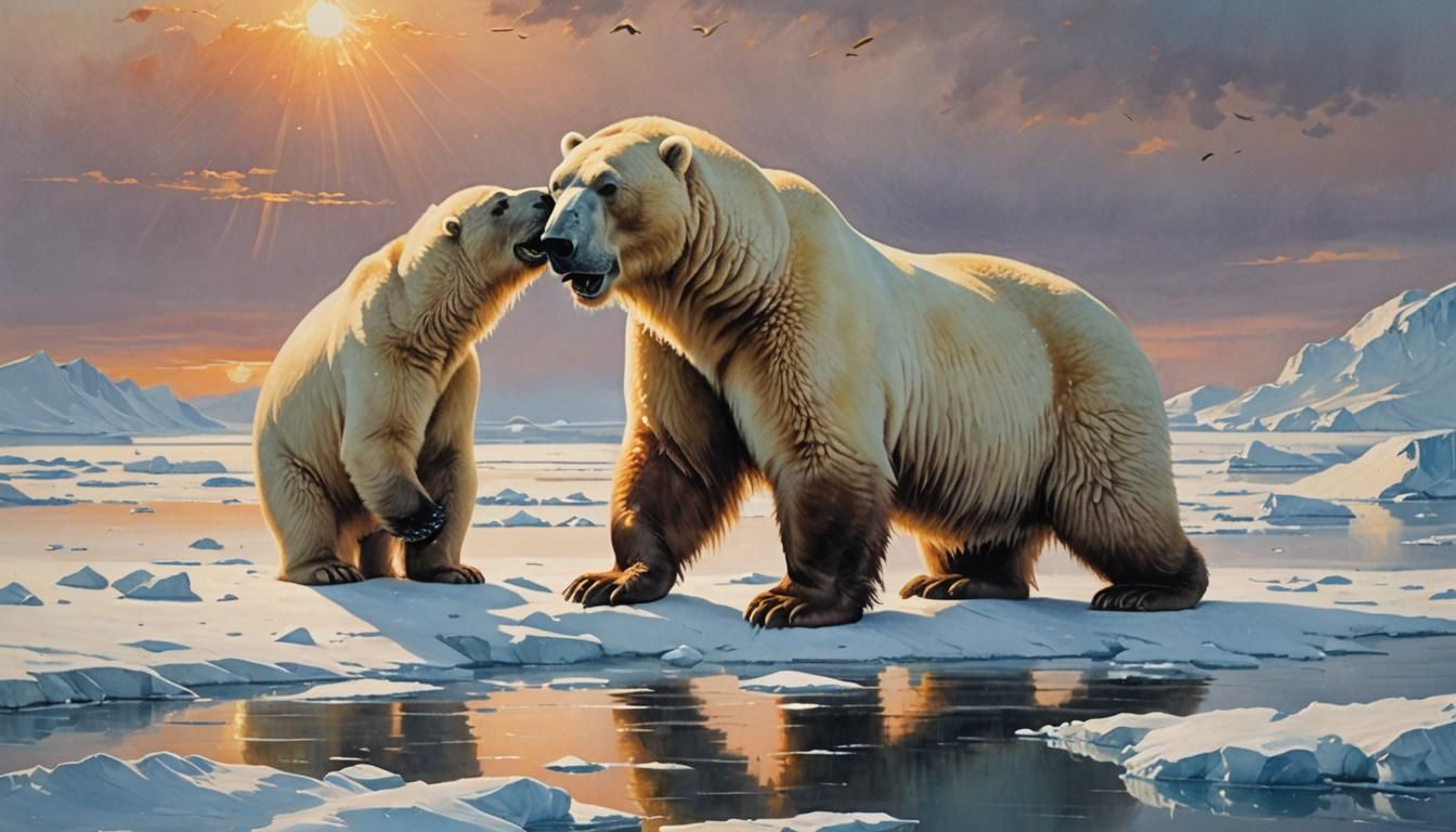 Surreal Wildlife Clash on Sunrise-Drenched Ice Floe