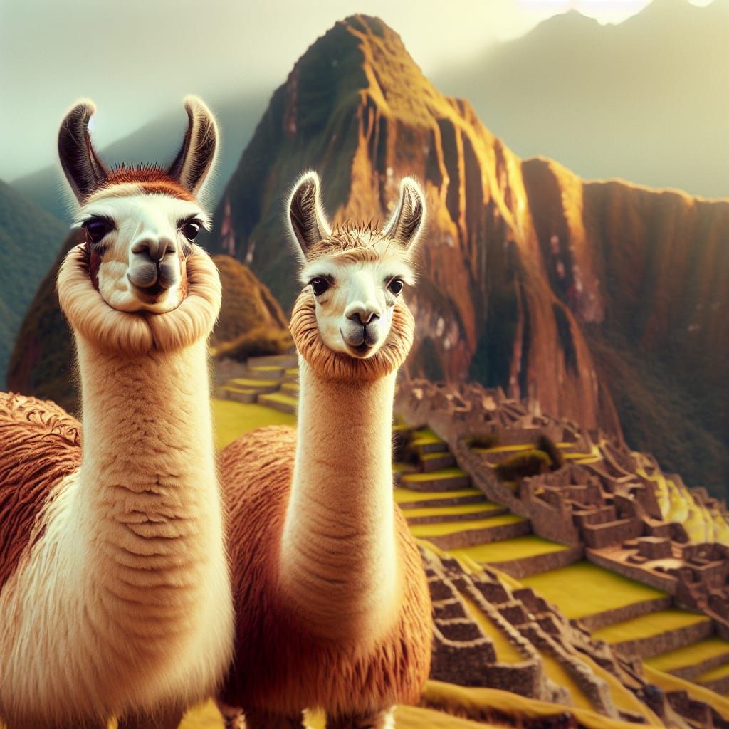 Two Llamas Posing on a Hillside at Dusk