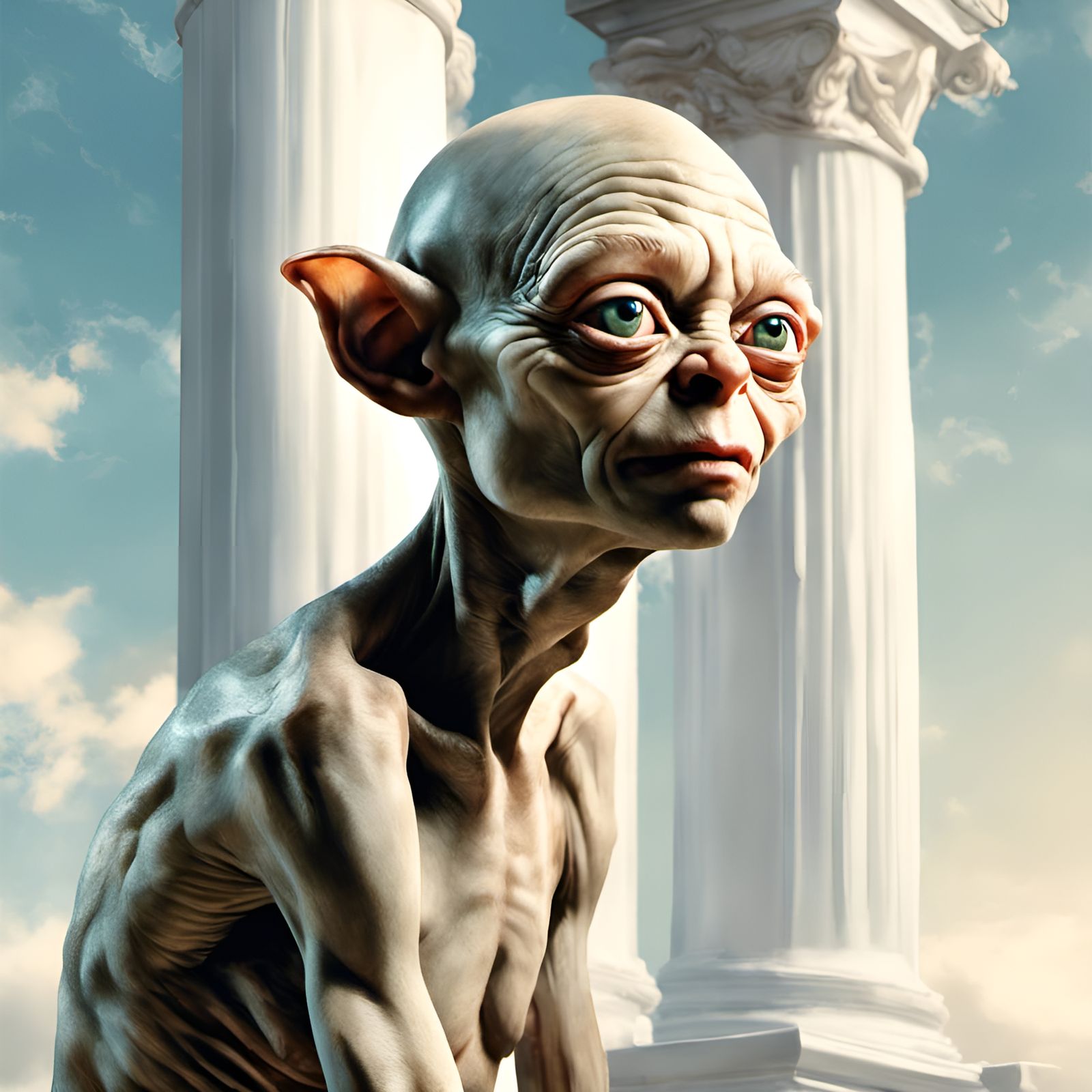 Gollum Portrait with Columns: Digital Illustration