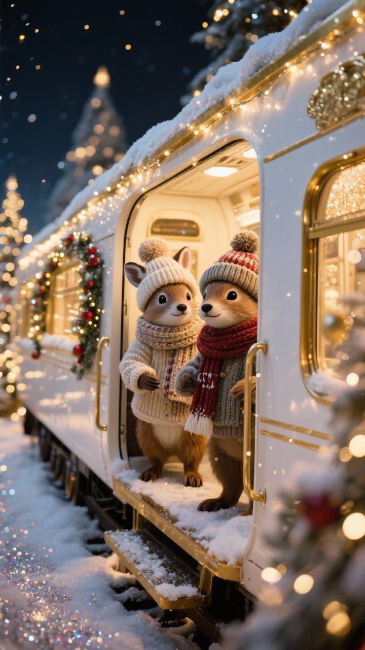 Woodland Animals in Festive Christmas Train Carriage