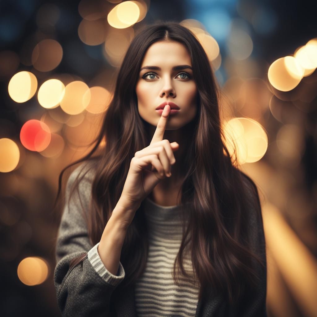 Beautiful Brunette Girl with Finger on Lips