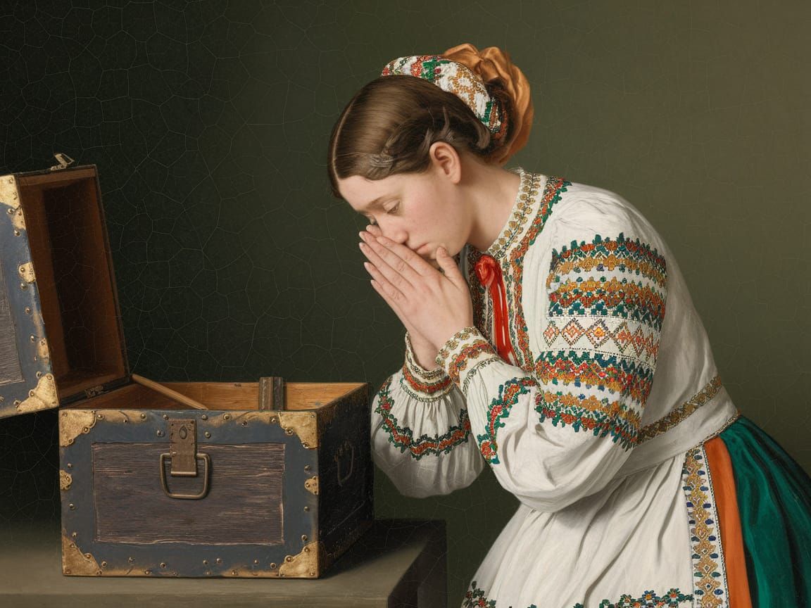 Ukrainian Woman's Despair Before a Wooden Chest