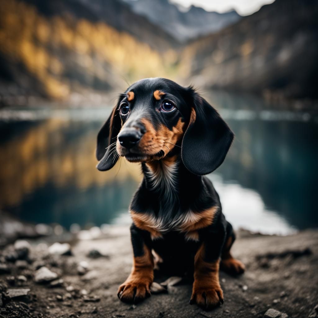 Dachshund Puppy Portrait by Mountain Lake
