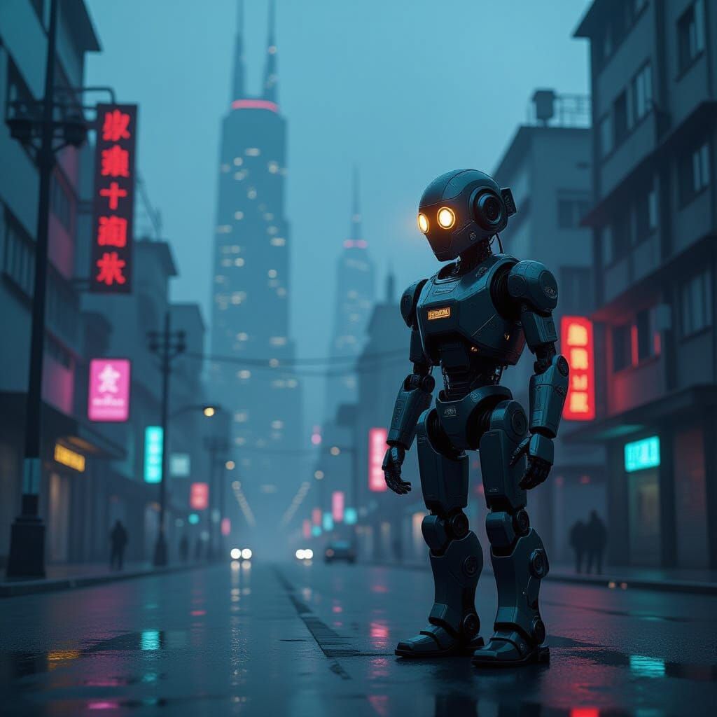 Cyberpunk Robot in Neon Metropolis at Dusk