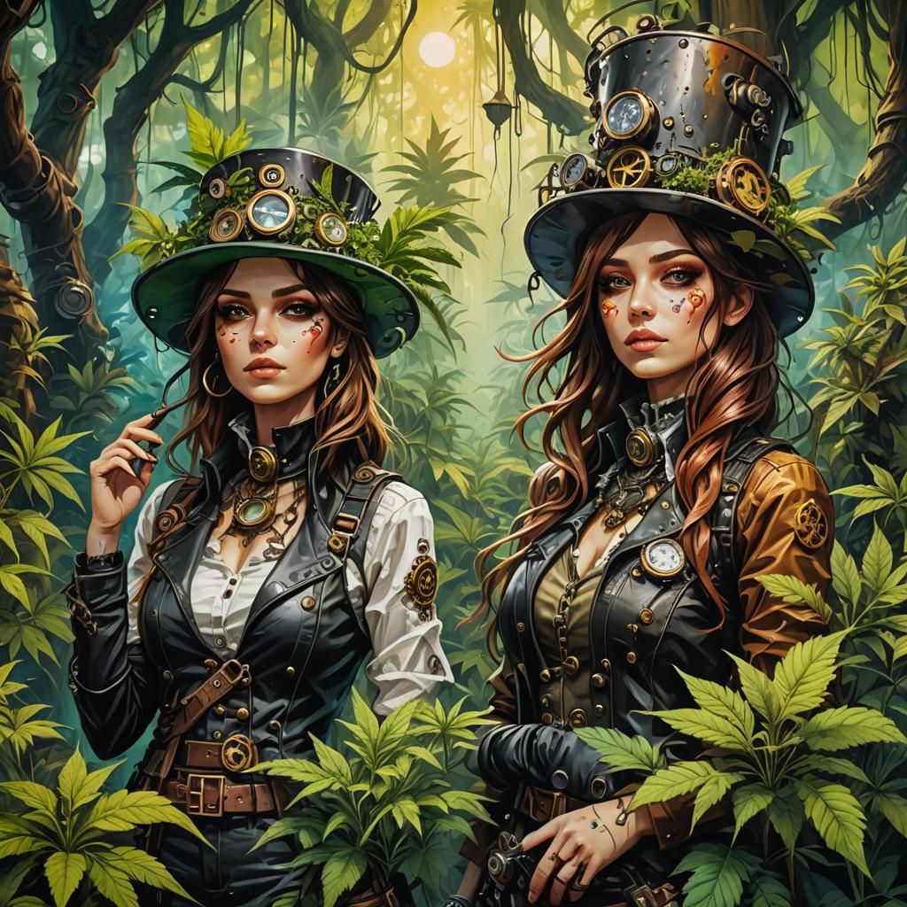 Steampunk Girls in Marijuana Forest: Graffiti Art