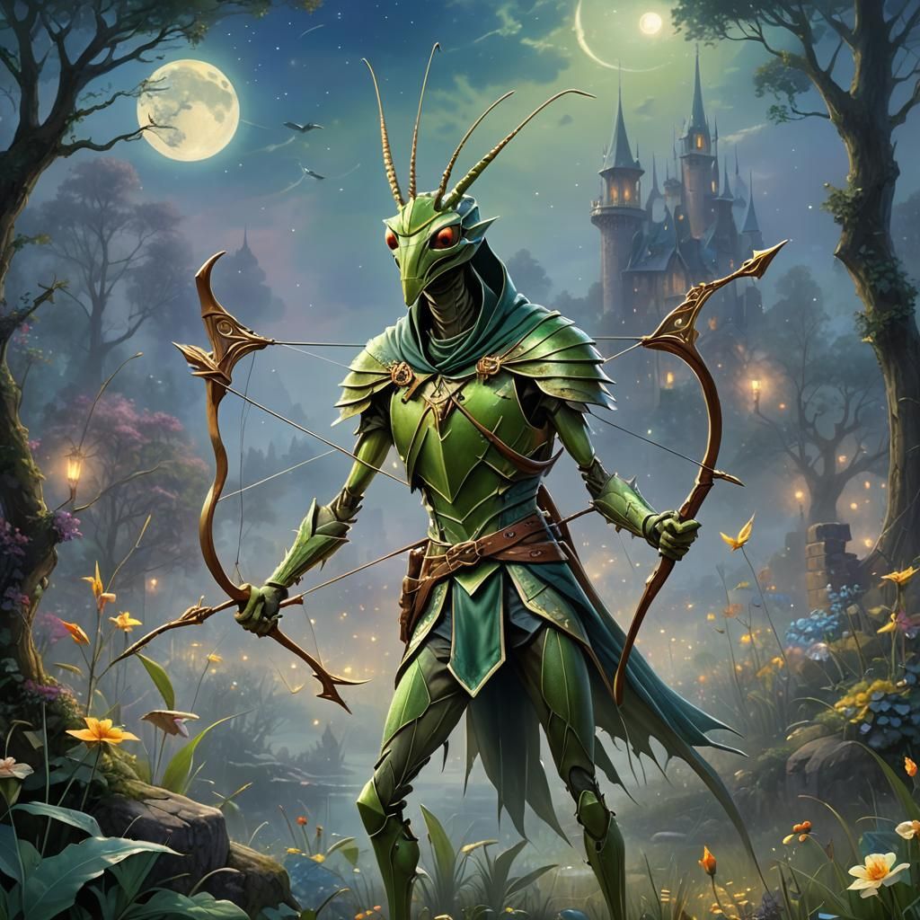 Praying Mantis as Robin Hood in Moonlight