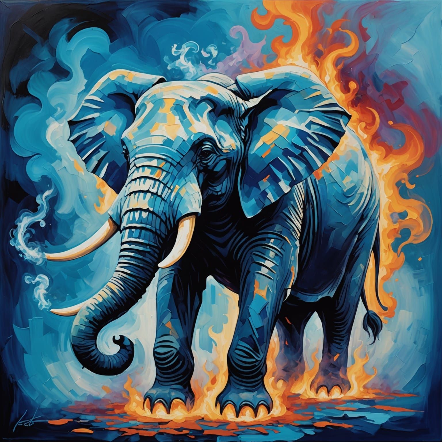 Blue Gas Flame Elephant in Neo-Impressionist Style