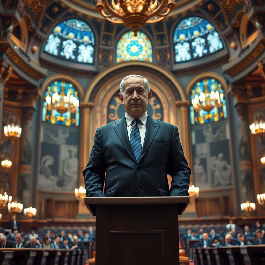 Determined Leader Stepping into the Grand Knesset Hall