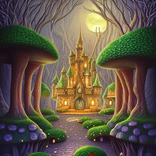 Evil Mushroom Castle in Enchanted Forest: 3D Dot Art